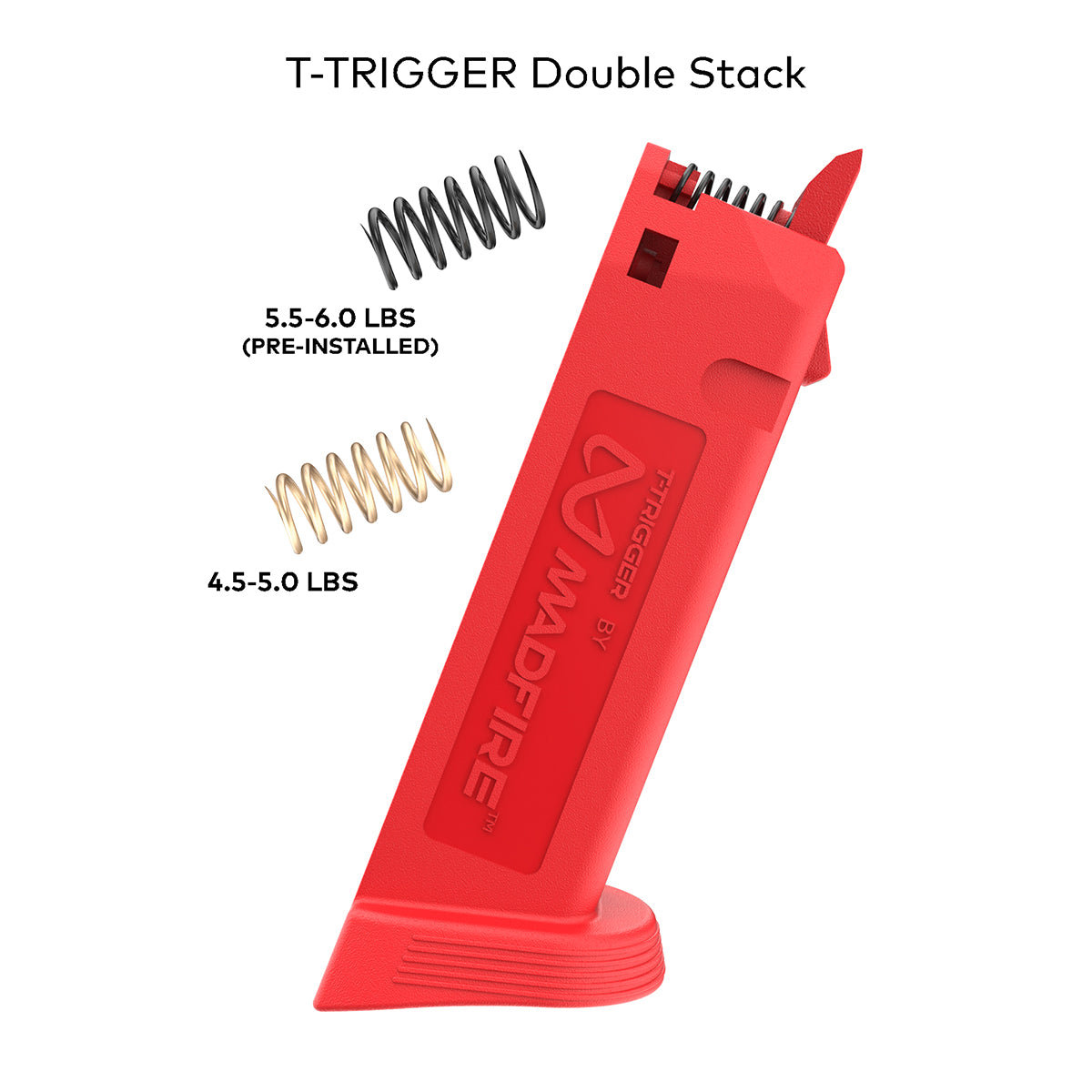 A red T-TRIGGER Double Stack magazine by Madfire, shown on a white background with two black coiled springs and text indicating pre-installed 5.5-6.