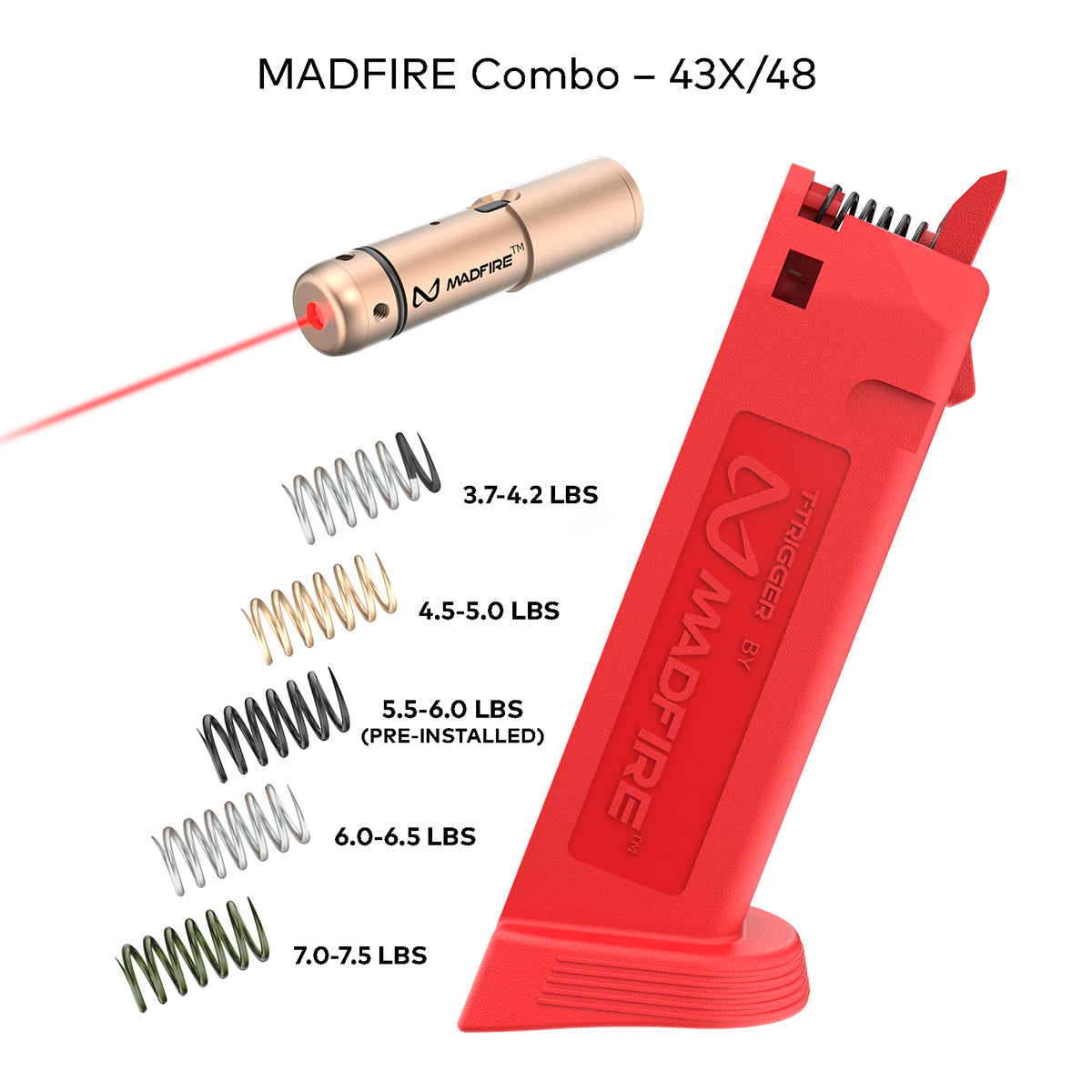 MADFIRE Combo 43X/48 product graphic showing a red magazine-style device, a small metallic laser pointer, and six spring weight options with text labels for different load weights on a white background.