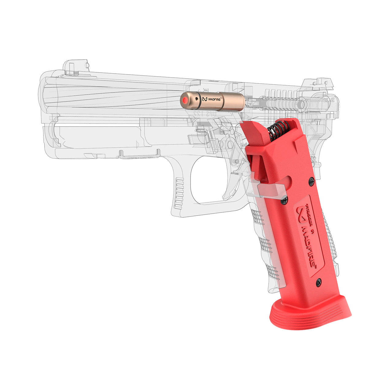A red Mag-Pak style pistol grip accessory shown in front of a faint transparent line drawing of a handgun, with a copper-colored round inserted near the slide. The product is isolated on a white background.