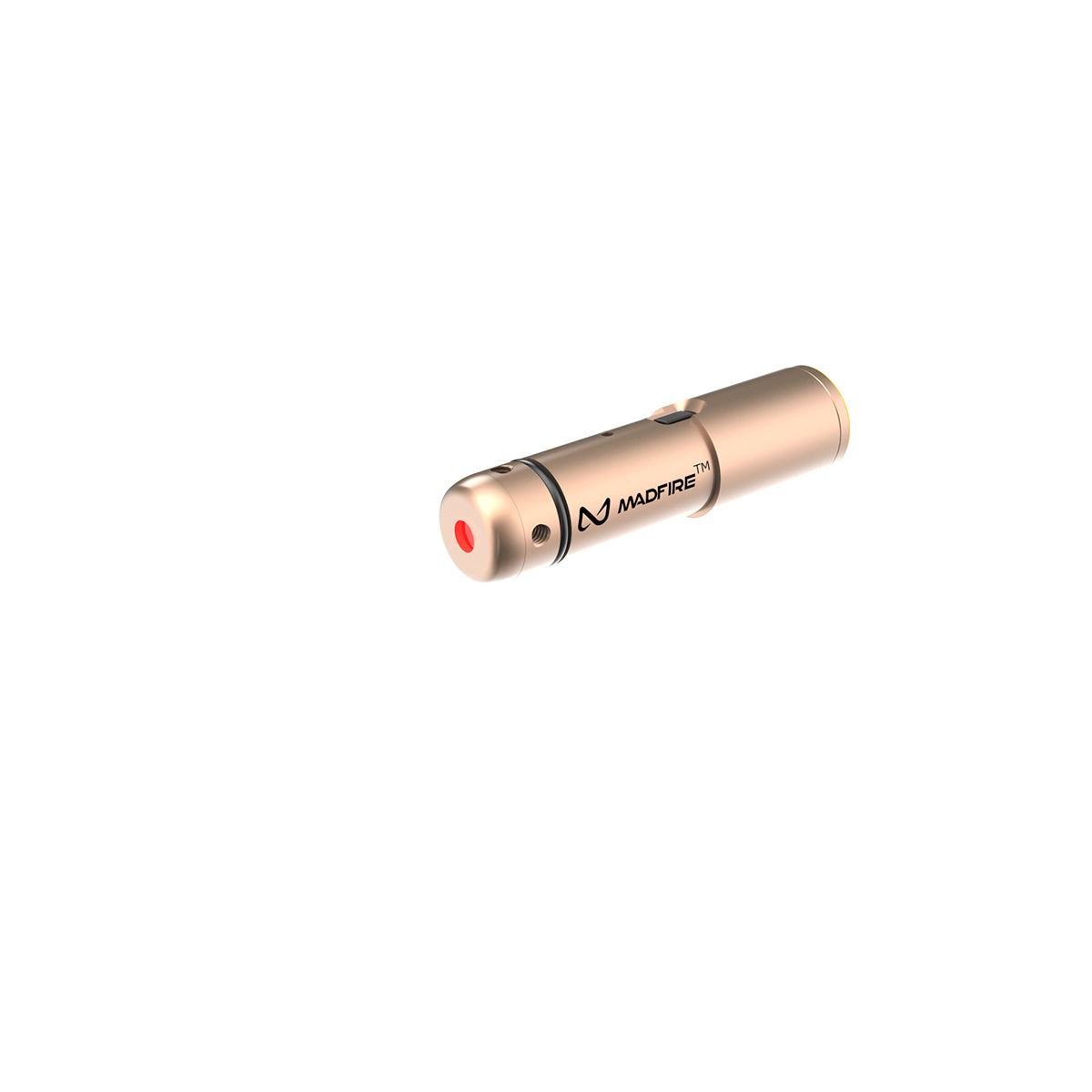 A small metallic cylindrical device with a rose gold finish, featuring a black ring, a red circular detail on the end cap, and the brand name 'MADFIRE' printed in black. The product is shown floating against a solid white background.