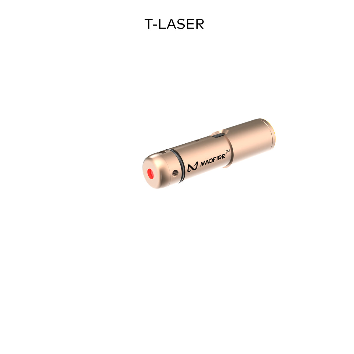 A small metallic T-LASER device with a rose gold finish, featuring a red laser tip and the MADFIRE logo printed on its side, set against a plain white background with 'T-LASER' text above.