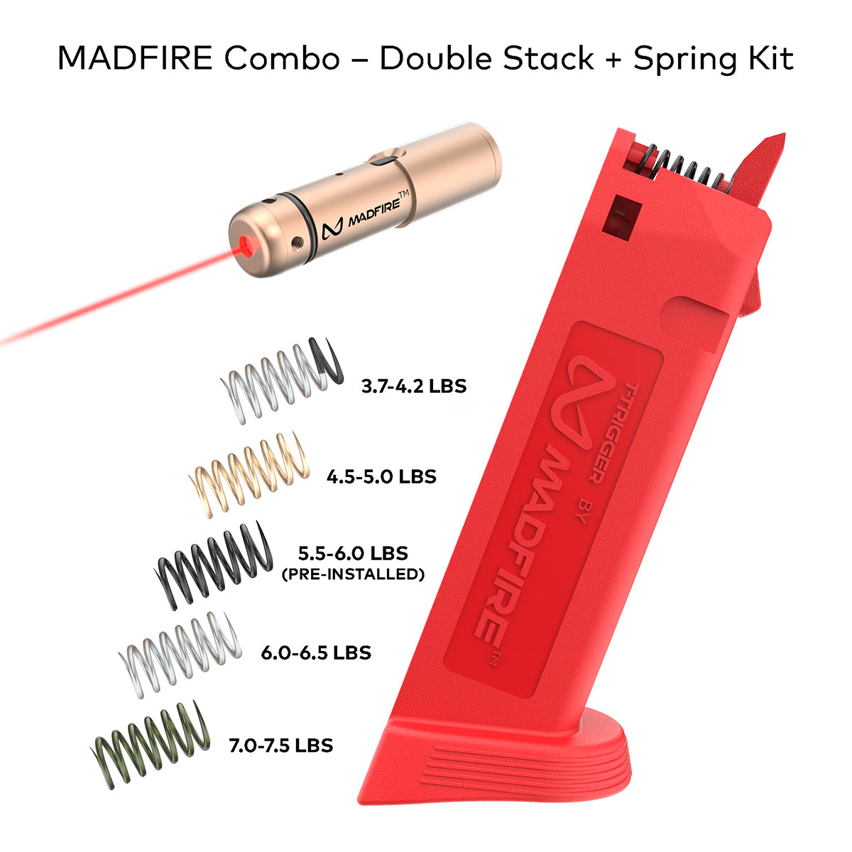 MADFIRE Combo Double Stack + Spring Kit on a white background, showing a red magazine-style holder, a gold cylindrical laser pointer with a red beam, and several spring color/weight options with text labels.