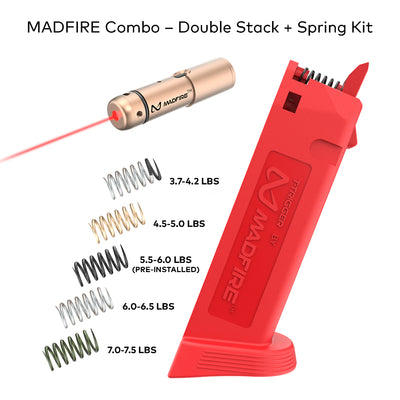 MADFIRE Combo Double Stack + Spring Kit on a white background, showing a red magazine-style holder, a gold cylindrical laser pointer with a red beam, and several spring color/weight options with text labels.