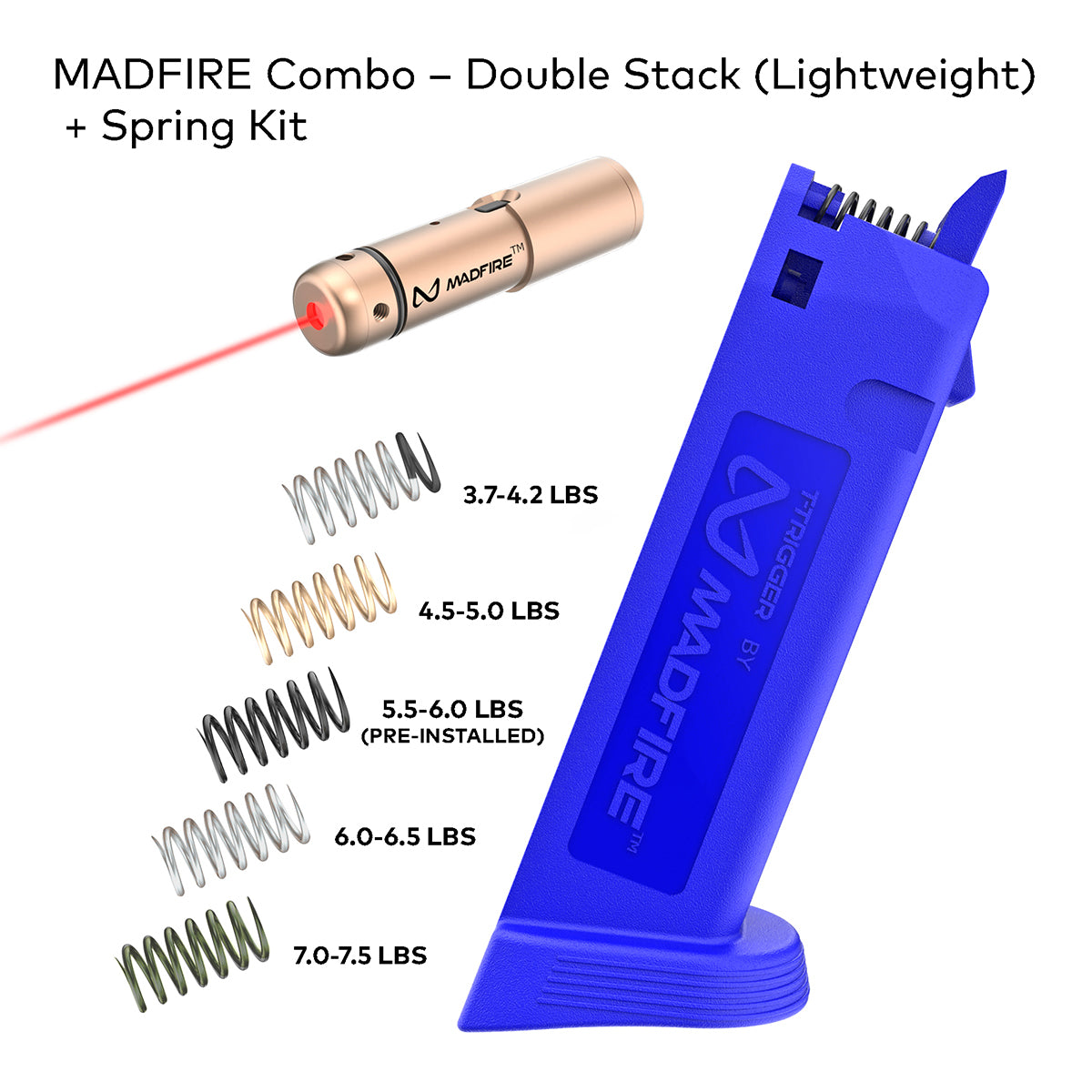 MADFIRE double stack spring kit with a blue magazine-style holder, a gold laser pointer, and five spring options labeled by weight from 3.7-4.