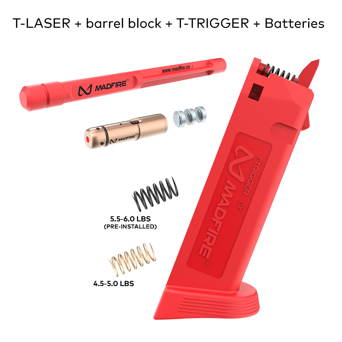 Red MADFIRE T-LASER barrel block and T-TRIGGER trigger kit with batteries and springs on a white background, with text labels showing included components and weights.