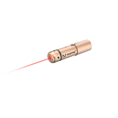 A metallic rose gold cylindrical laser pointer emitting a red laser beam, shown on a solid white background with the brand name 'MADFIRE' printed on its side.
