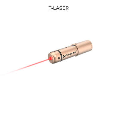 A metallic T-LASER flashlight emitting a red laser beam, shown on a plain white background with the text 'T-LASER' above it. The device has a rose gold finish with black branding and a black ring detail.