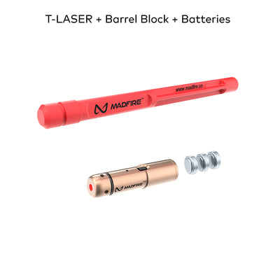 A red MADFIRE T-LASER barrel block set with a metallic rose-gold laser barrel and three silver batteries, shown against a white background with the text 'T-LASER + Barrel Block + Batteries' at the top.