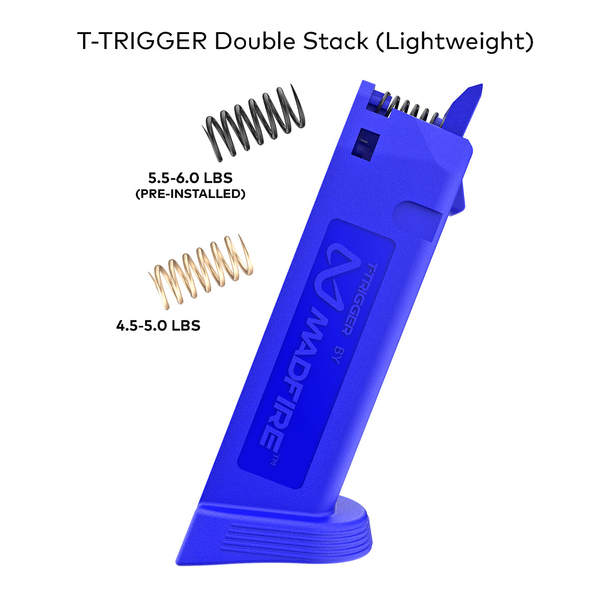 Blue T-Trigger double stack magazine by Madfire, shown on a white background with two black coiled springs and text indicating pre-installed and installed spring weights.