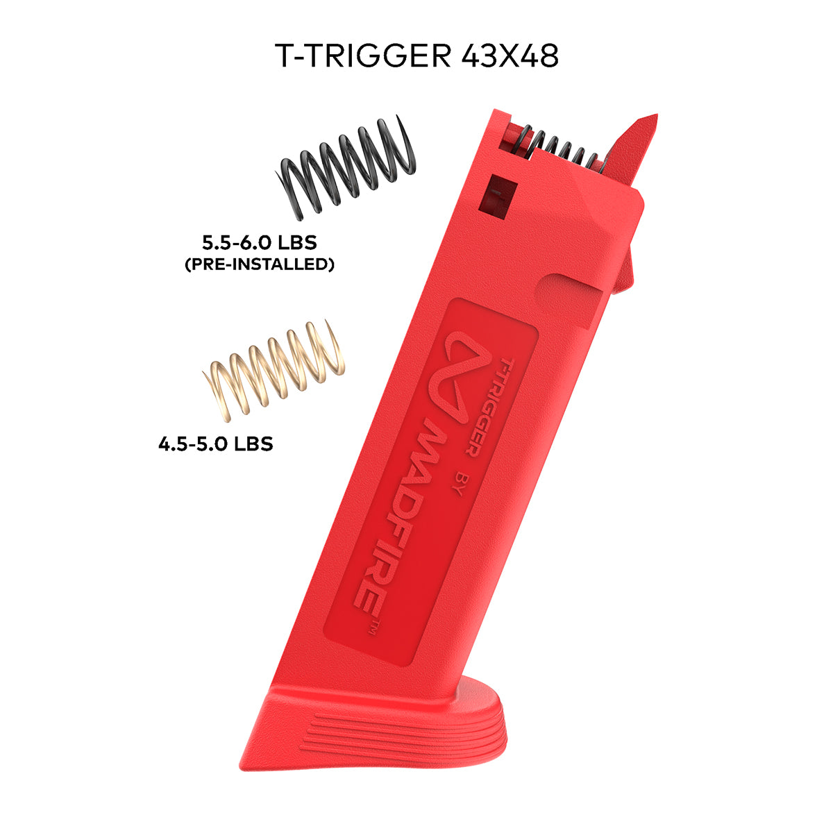 A red T-Trigger 43x48 magazine shown on a white background with two black coiled springs and text indicating pre-installed 5.5-6.