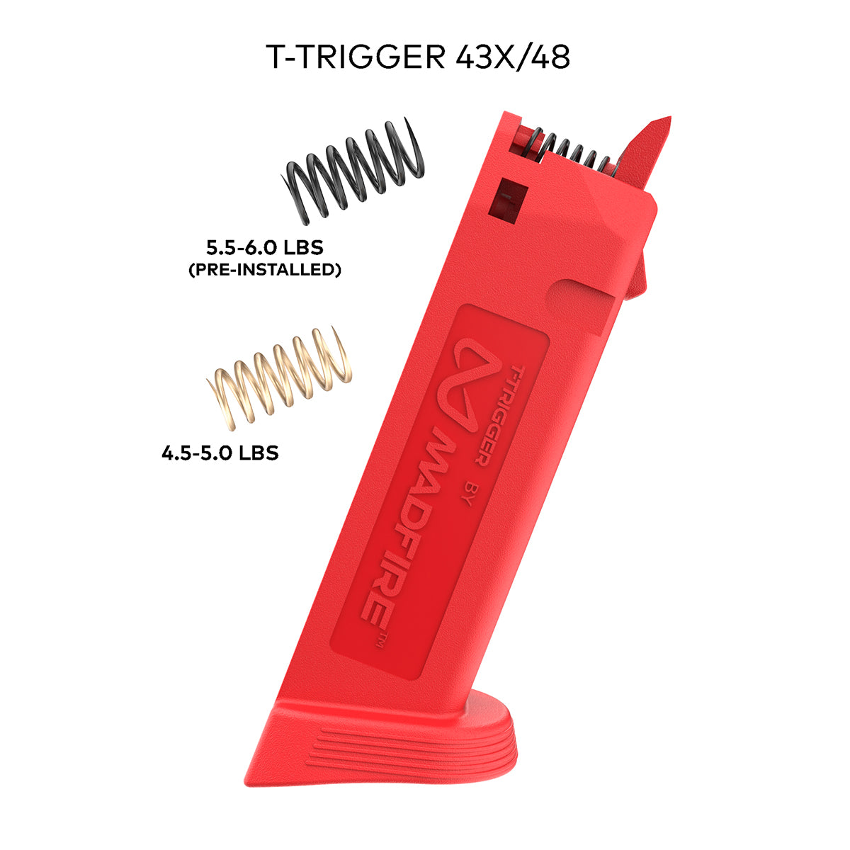 A red T-Trigger 43x48 magazine shown on a white background with two black coiled springs and text indicating pre-installed 5.5-6.
