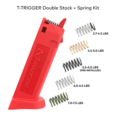 A red T-TRIGGER Double Stack + Spring Kit magazine shown on a white background with labeled spring options for different load weights.