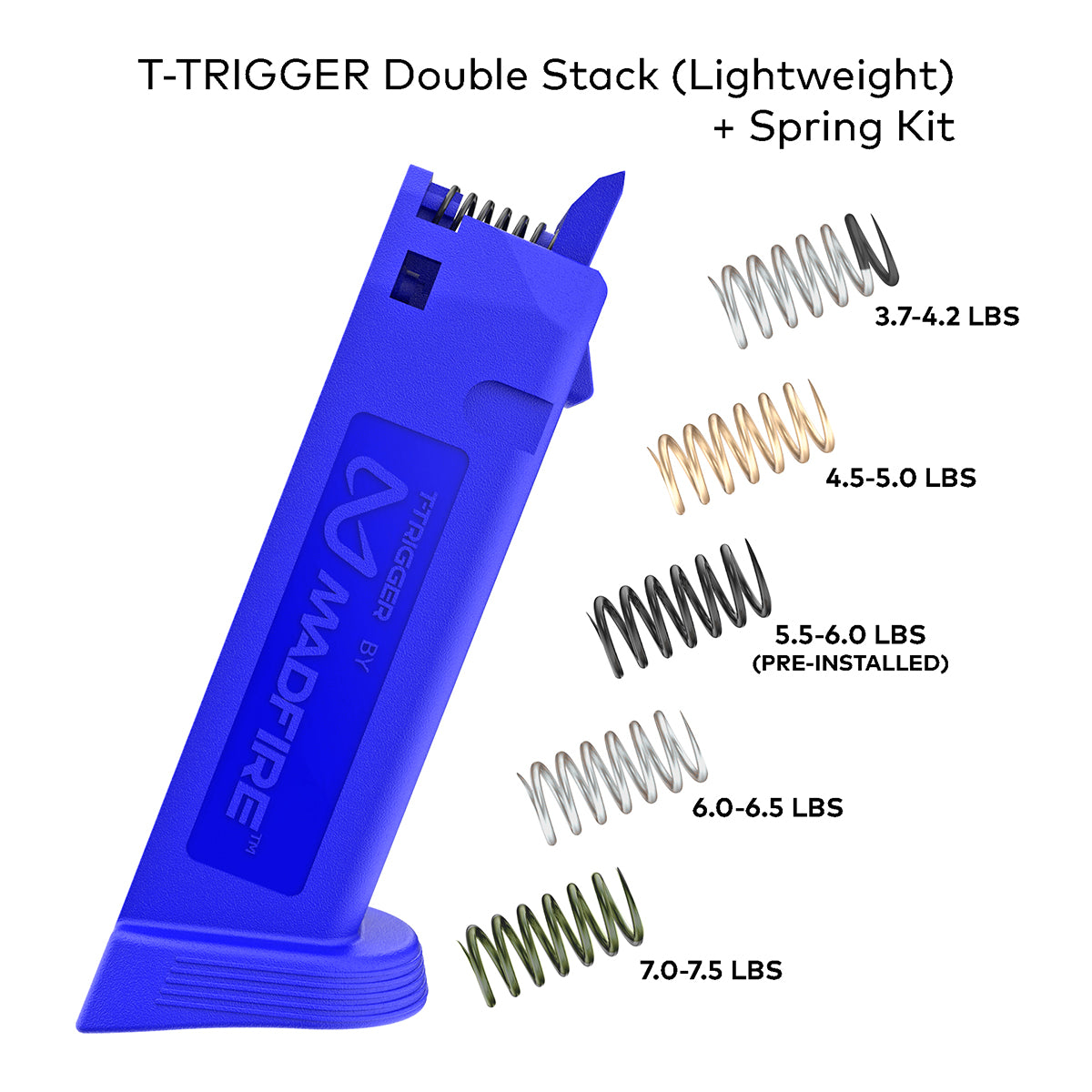 Blue T-Trigger magazine shown with a spring kit on a white background, with text listing spring loads from 3.7-4.