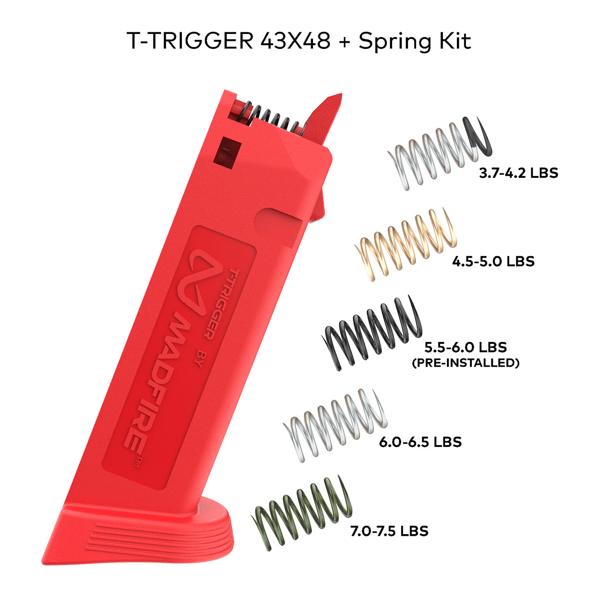 Red T-Trigger 43X/48 magazine with spring kit shown on a white background, with six coil springs in different colors and weights labeled: 3.7-4.
