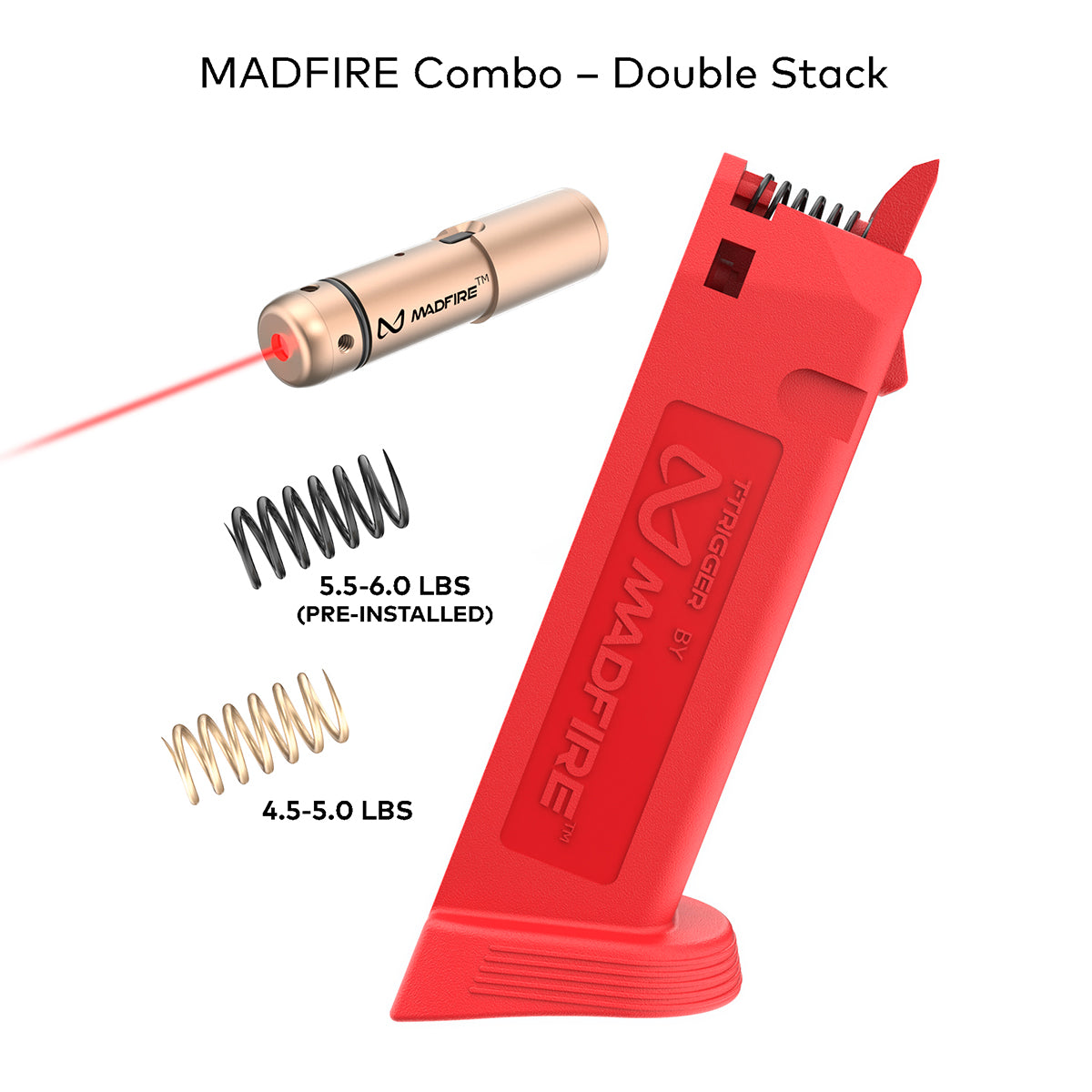 MADFIRE Combo double stack laser marker kit with a red magazine-style holder, a gold laser pointer, two pre-installed springs, and text showing weight ranges on a white background.