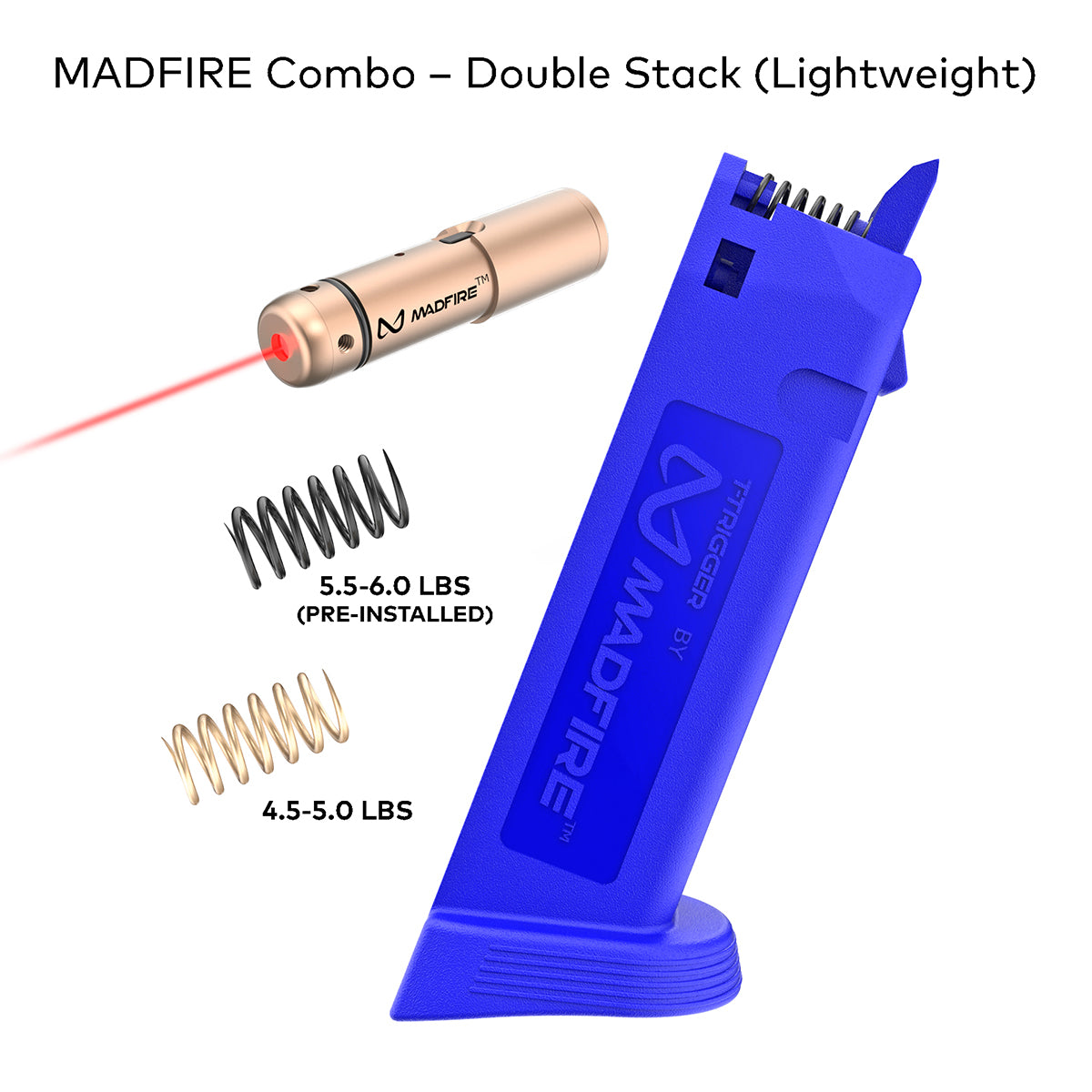 MADFIRE Combo double stack lighter set shown on a white background, including a blue lighter, a metallic laser pointer, and two coiled springs with weight labels. Text at the top reads 'MADFIRE Combo - Double Stack (Lightweight)'.