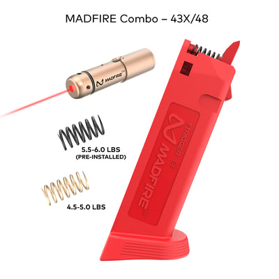 MADFIRE Combo 43X48 laser system shown on a white background, featuring a red magazine-style holder, a gold laser pointer, two spring coils with weight labels, and the text 'MADFIRE Combo - 43X48'.